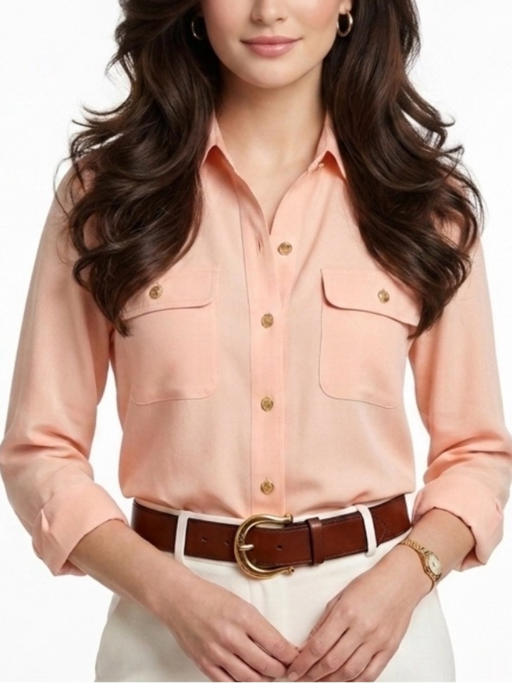 Lauren Ralph Lauren Georgette Apricot Roll-Sleeve Stretch Button-Down Shirt Sz S